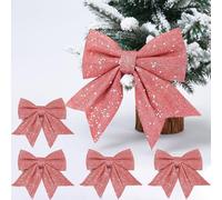 Norhogo 5PCS Christmas Decorative Bow, christmas bows, Glitter decorative Bow, pink bows for christmas tree Fireplace Wreath Garland Party Supplies, 1 large Glitter Wreaths Bows + 4 pink wreath bow