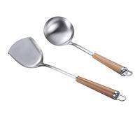 NORHOR 2 Pieces Stainless Steel Kitchen Utensil Set, 304 Stainless Steel Wok Spatula and Soup Ladle Set with Long Heat Resistant Wood Handle. (Silver)