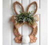 Norme 18 Inch Easter Bunny Rabbit Spring Wreath Artificial Flower Rattan Wreath with Rabbit Tail Feet Green Twig and Berries Linen Bow Knot for Farmhouse Front Door Farmhouse Wall Home Window Decor