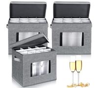 Norme 3 Pcs Champagne Flute Storage Box with Dividers, 12 Compartments Storage Box with Lid Handle Window China Cup Containers Holder for Moving(Gray)