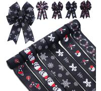 Norme 6 Rolls 30 Yards Gothic Christmas Wired Edge Ribbon 2.5 Inch Black Skull Snowflake Santa Christmas Hat Craft Gingerbread Man Ribbon Wired Fabric for Wrapping DIY Bow Wreath Tree Crafts Making