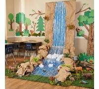 Norme Classroom Waterfall Landscaping Kit, Include Laser Rain Curtain Blue Background Fabric, Kraft Paper Cotton and Artificial Greenery for Indoor Outdoor Waterfall Theme Party Decorations