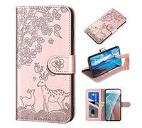 Norn Samsung Galaxy A20e Phone Case,Cute Embossed Sika Deer Pattern,Folding Stand PU Folio Leather Wallet Case,Shokproof Protective Flip Case with Card Slots,Magnetic Closure,Pink/Rose gold