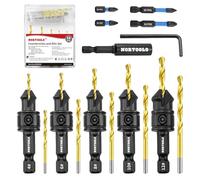NOROOLS Countersink Drill Bit Set,5 Pcs Counter Sink Drill Bit Adjustable for Wood,#4, #6, #8, #10, #12, High-Speed Steel 5 Spare Bits Adjustable，4pcs Screwdriver Bit 2x50mm+2x25mm for Woodworking