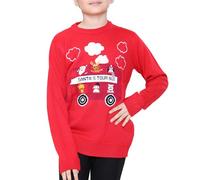 NOROZE Boys Girls Unisex Kids Merry Christmas Football Soccer Ball Red Nose Rudolph Reindeer Moose Santa Tour Bus Muffler Scarf Pom Polar Bear Snowflake Jumpers Sweater (7-8 Years, Bus Red)