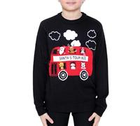 NOROZE Boys Girls Unisex Kids Merry Christmas Football Soccer Ball Red Nose Rudolph Reindeer Moose Santa Tour Bus Muffler Scarf Pom Polar Bear Snowflake Jumpers Sweater (9-10 Years, Bus Black)