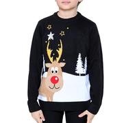 NOROZE Boys Girls Unisex Kids Merry Christmas Football Soccer Ball Red Nose Rudolph Reindeer Moose Santa Tour Bus Muffler Scarf Pom Polar Bear Snowflake Jumpers Sweater (9-10 Years, Rudolph Black)
