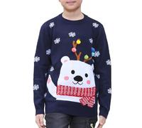 NOROZE Boys Girls Unisex Kids Merry Christmas Football Soccer Ball Red Nose Rudolph Reindeer Moose Santa Tour Bus Muffler Scarf Pom Polar Bear Snowflake Jumpers Sweater (5-6 Years, Bear Navy)