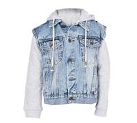 NOROZE Boy's The Trucker Denim Long Fleece Sleeves Jacket Detachable Hood | Washed Denim Fleece Hoodie Western Style Jean Coat (9-10 Years, Light Blue)