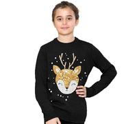 NOROZE Girls Christmas Jumper - Sequin Reindeer Head Bambi Bow Tie Design, Soft Knitted Festive Pullover, Cute Xmas Jumper for Kids, Warm Winter Top Sweater UK Sizes 3-13 Years