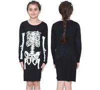 NOROZE Girls Halloween Skeleton Tunic Tops Glow in The Dark Spooky Scary Bones Printed Long Sleeve Midi Dress Top Costumes (11-12 Years, Skeleton Black)