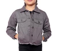 NOROZE Kid's Denim Jacket Cropped Denim Jacket Girls Ripped Self Fabric Distressed Hem Casual Jean Coat (7-8 Years, Charcoal)