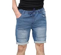 NOROZE Men's Denim Blue & Black Cotton Denim Elasticated Waist Drawstring Shorts Multi-Pockets Knee Length Summer Turn Roll Up Men Shorts UK Size 30-40