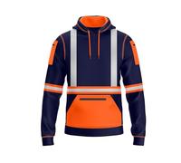NOROZE Mens Hi Vis Hoodie with Reflective Tape, Pullover High Vis Hoodie for Safety Workwear- 4 Utility Zipped Pockets, Work Hoodies for Men, High Visibility Hooded (S, Style 3: Neon orange/Navy)
