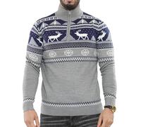 NOROZE Men's Merry Christmas Mock Zip Nordic Style Reindeer Moose Stag Funnel Crew Neck Festive Christmas Xmas Jumper (S, Mock Zip Navy)