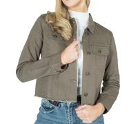 NOROZE Women's Denim Jacket Cropped Denim Jacket Women Ripped Self Fabric Distressed Hem Casual Jean Coat (8, Khaki)