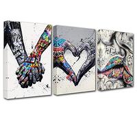Norse Art Classic Street Art Banksy Graffiti Paintings Promise Holding Hands Wall Art Adam Hand of God Pop Pictures 3 Pieces Canvas Artwork t HD Prints Framed Giclee Ready to Hang Gift(48''Wx 24''H)