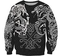 Norse Mythology Celtic Wolf/Dragon War Viking Hoodie, Vintage Odin 3D Print Pullover Sweatshirt, Unisex Harajuku Street Jacket