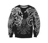 Norse Mythology Celtic Wolf/Dragon War Viking Hoodie, Vintage Odin Tattoo 3D Print Pullover Sweatshirt, Unisex Harajuku Street Jacket, Sweatshirt,3XL