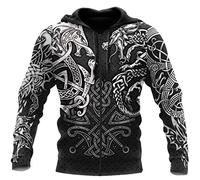 Norse Mythology Celtic Wolf/Dragon War Viking Hoodie, Vintage Odin Tattoo 3D Print Pullover Sweatshirt, Unisex Harajuku Street Jacket, Hoodie Zip,4XL