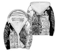 Norse Mythology Fleece Hoodies for Men Viking Tattoo Winter Thick Jackets Sherpa Lined Zip up Sweatshirt with Kanga Pocket(Black White Wolf,M)
