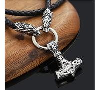 Norse Mythology Mjolnir Necklace, Viking Thor's Hammer Stainless Steel Pendant Celtic Knot Leopard Head Leather Chain Men's Handmade Amulet Gift Jewelry,Silver,50cm