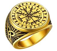 Norse Ring for Grandpa Gold Pinky Rings Nordic Symbol Vegvisir Compass Ring for Index Finger Stainless Steel Talisman Rings Size V 1/2 Mythology Gift for New Years Day