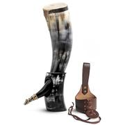 Norse Tradesman Genuine Ox Horn Viking Drinking Horn 50 cm with Brown Leather Holster, Brass Wolf Adornments, Burlap Gift Sack