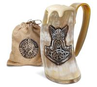 Norse Tradesman Limited Edition Viking Drinking Horn Mug - Exquisite Thor's Hammer Engraved Beer Tankard - The Thunderstrike, High Polish, Approx. 500 ml