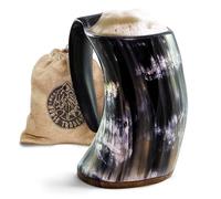 Norse Tradesman Original XL Viking Drinking Horn Mug - 100% Authentic Beer Horn Tankard with Hardwood Base & Burlap Gift Sack | The Original, Polished, Approx. 900mls