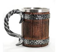 Norse Tradesman Stainless Steel Beer Tankard - 20 oz Tavern Style Mug for Hot or Cold Drinks - Imitation Wood & Iron