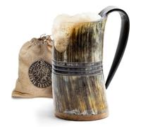 Norse Tradesman Viking Drinking Horn Mug - 100% Authentic Beer Horn Tankard with Hardwood Bottom & Ring Engravings | The Eternal, 16 oz