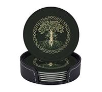 Norse Viking Goddess Wiccan Wicca Pagan Coasters for Drinks with Holder Set of 6 Leather Round 4" for Home Kitchen Decor Coffee Cup Housewarming
