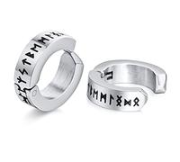 Norse Viking Hoop Earring For Men - Amulet Protection Jewellery Gifts Stainless Steel Men's Non Piercing Clip On Earrings With Nordic Elder Futhark Runes, Silver, 1 Pair