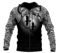 Norse Viking Odin Raven Hoodie, Unisex 3D Printed Tattoo Crow Casual Streetwear Pullover Sweatshirt,Zip,XXL