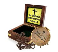 NORSÉ'S TRADECRAFT Brass Compass with Chain & Wooden Box - “God is with You” Joshua 1:9 Engraved Pocket Compass for Gift, Inspirational Religious Decor, Travel Motivation Keepsake for Men & Women
