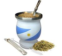 Norte Yerba Mate Cup Set - Stainless Steel Blue & White Insulated 8 oz Cup/Gourd with 2 Bombillas & Cleaning Brush - Traditional Yerba Mate Kit for Tea Drinkers, Travel & Everyday Use