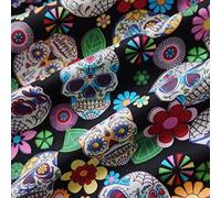 Nortex Mill Black 100% Cotton Poplin Fabric with Sugar Skulls - Mexican Day of the Dead - Halloween (Per Metre)