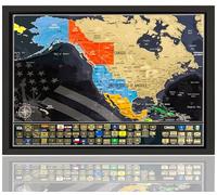 North America Scratch Map - USA & Canada States and Provinces with Flags - Scratch-off Poster in Black Wooden Frame