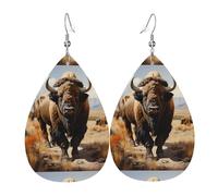 North American bison herd Leather Earring. Stylish teardrop shape, perfect for women, and a great decorative choice for parties and holidays.