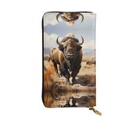 North American Bison Herd Patterned Leather Long Wallet (7.5 * 4.1 inches) | Extra Large Multi-Function Compartment | Great Gift