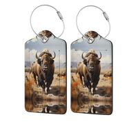 North American Bison Herd Printed Label PU Leather, Suitable for Handbags, Travel Bag Labels, Luggage Labels, Black, 1