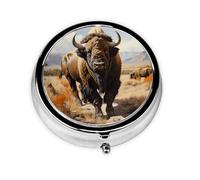 North American Bison Herd Round mini Pill Box, Lightweight and Portable, with 3 Plastic Inserts, Suitable for Carrying in Pockets or Wallets.