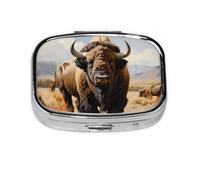 North American Bison Herd Square Pill Box Lightweight and Portable, with 2 Plastic Inserts, Suitable for Carrying in Pockets or Wallets.