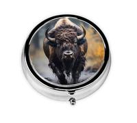 North American Bison Round mini Pill Box, Lightweight and Portable, with 3 Plastic Inserts, Suitable for Carrying in Pockets or Wallets.