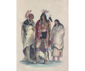North American Indians. From left to right: Osage warrior; Iroquois warrior Pawnee woman. From Catlin's North American Indian Portfolio published in London 1844 by the artist American adventurer