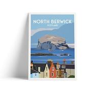 North Berwick Print - House Rooftops and Bass Rock View - East Lothian Travel Poster - Scotland Wall Art - A3 Print
