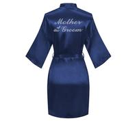 North Bund Women's Kimono Bride Bridesmaid Robes with Rhinestones Short Satin Bathrobes Wedding Party Getting Ready Day, Dark Blue, One Size