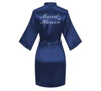 North Bund Women's Kimono Bride Bridesmaid Robes with Rhinestones Short Satin Bathrobes Wedding Party Getting Ready Day, Dark Blue, One Size