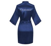 North Bund Women's Kimono Bride Bridesmaid Robes with Rhinestones Short Satin Bathrobes Wedding Party Getting Ready Day, Dark Blue, One Size